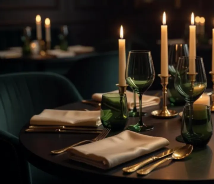 Stolik nakryty na wieczorną kolację przy świecach w luksusowej restauracji.