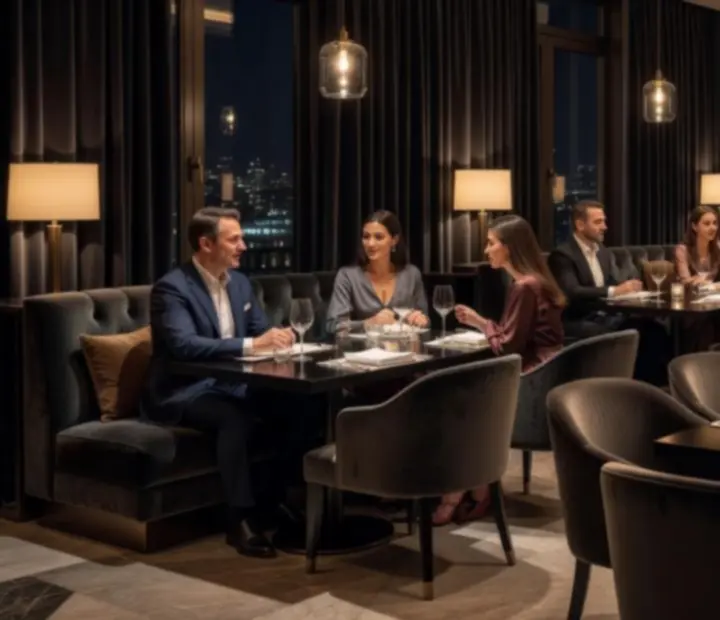 Wieczorne wnętrze restauracji Wida Nova z eleganckim oświetleniem i nakrytymi stolikami.