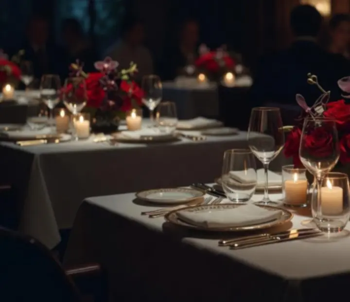 Elegancko nakryty stół przygotowany na wieczorne przyjęcie w restauracji Wida Nova.