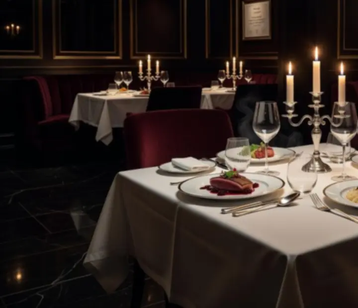 Stół w restauracji oświetlony świecami, z wykwintnymi daniami i elegancką zastawą.