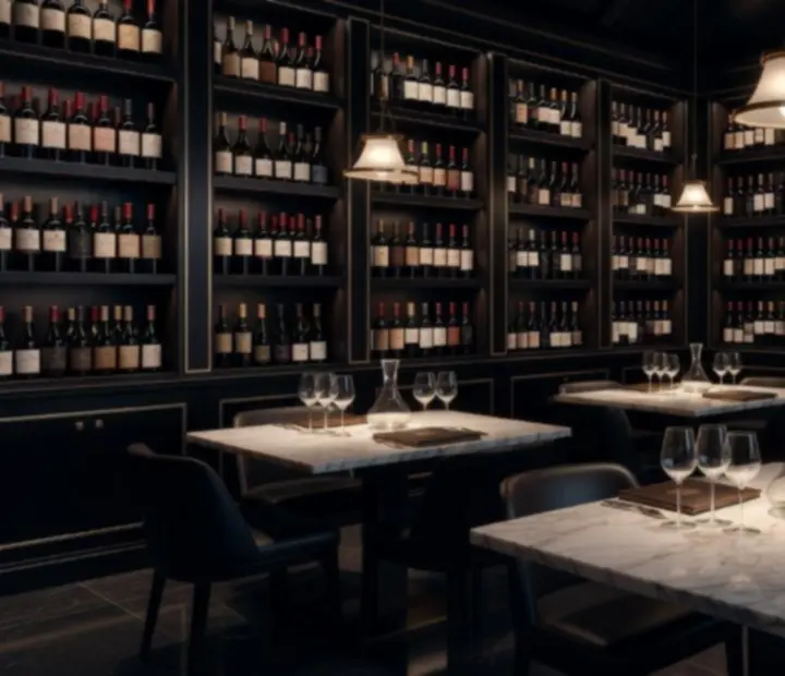 Ciemna, elegancka piwnica win z podświetlonymi butelkami w restauracji Wida Nova.