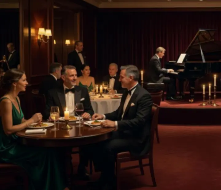 Prywatna sala restauracyjna z muzyką na żywo w wieczornej atmosferze