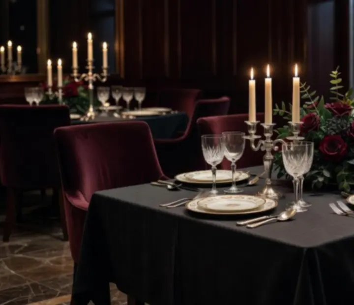 Elegancko nakryty stolik w restauracji Wida Nova, przygotowany na wieczorną kolację.