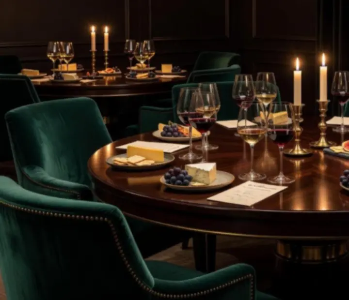 Kameralna sala VIP przygotowana do prywatnej degustacji win z elegancko nakrytym stołem.