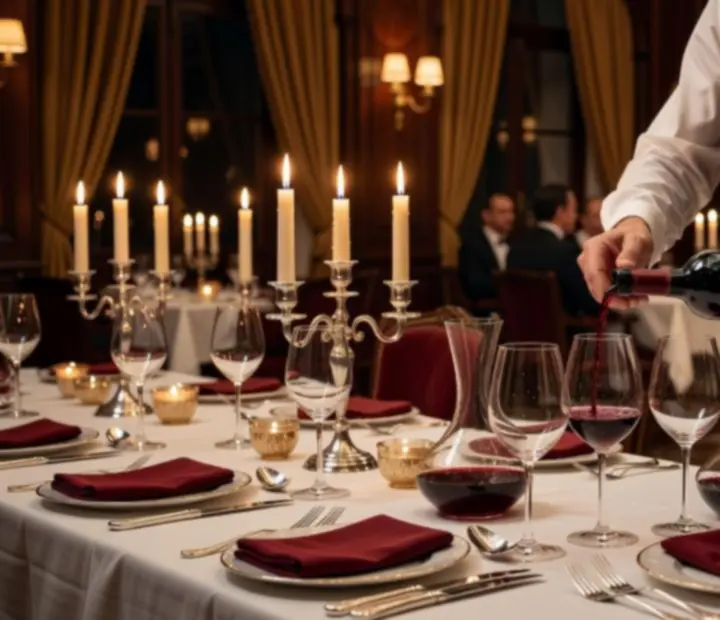 Sommelier Wida Nova serwujący wino przy eleganckim stoliku.